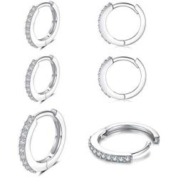 3 Pairs Silver Hoop Earrings for Women Small Hoop Earrings Cartilage Hoops Set Cubic Zirconia Cuff Piercing Jewelry Gifts for Girls