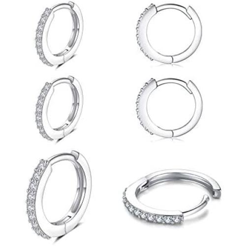 3 Pairs Silver Hoop Earrings for Women Small Hoop Earrings Cartilage Hoops Set Cubic Zirconia Cuff Piercing Jewelry Gifts for Girls