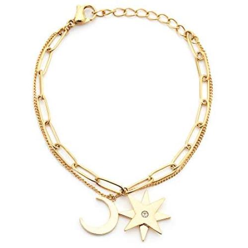 KLKE Gold Charm Bracelets for Women Moon and Star Jewelry Layered Friendship Bracelets Womens Day Birthday Gifts 14K Gold Plated Stainless Steel