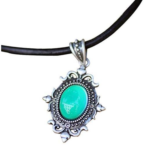 Mood Stone in Antique Sterling Silver Finish Gothic Flower Pattern Pendant Magic Color Change Leather Necklace Mood Necklace
