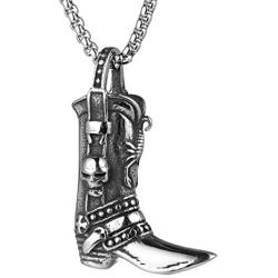 HZMAN Fashion Stainless Steel 3D Western Cowboy Boots Charm Jewelry Gothic Skull Scorpion Pattern Pendant Necklace 22 + 2 Inch Chain