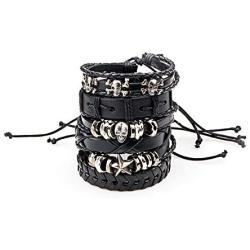 León Jewelry 6PCS Set Handmade Braided Leather Bracelet Unisex Skull Star Wide Cuff Bangle Cosplay Costume Adjustable Biker Wristband Wrap