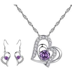 yfstyle Jewelry Set Heart Necklace Earrings for Women Girls, Heart Shaped Drop Hook Earrings & Pendant Necklaces with Cubic Zircon Setting, Crystal Jewellery Set Mothers Day Gift