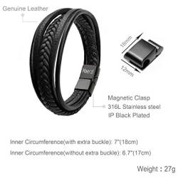 Maerzl Mens Bracelet Leather Magnetic Stainless Steel Clasp Wrap Genuine Leather Braided Bracelet Wrist Cuff Bangle