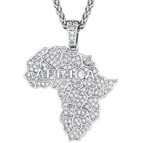 Mens Womens Shiny Cubic Zirconia Africa Map/Broken Heart/Maple Leaf/Wave/Praying Hands/Cross Pendent Necklace with Spiga Chain 22+2(Extended) 18K Gold/Platinum Plated Hip Hop Jewely(Send Gift Bxo)