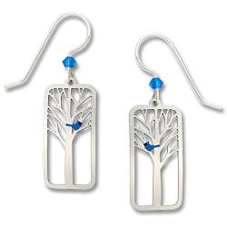 Hand-Painted Blue Bird in a Tree Earrings, Sterling Silver Ear Wires