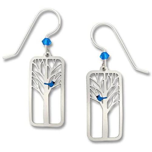 Hand-Painted Blue Bird in a Tree Earrings, Sterling Silver Ear Wires
