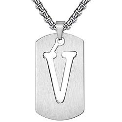 Silove Initial Letter Necklaces for Men Stainless Steel Dog Tag Pendant 26 Capital Alphabet with Box Chain 22 Inch Punk Jewelry