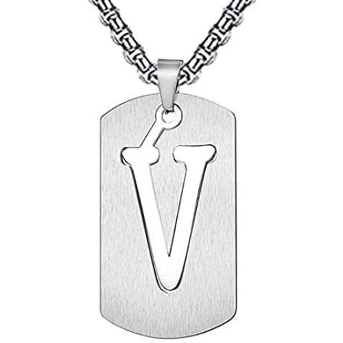 Silove Initial Letter Necklaces for Men Stainless Steel Dog Tag Pendant 26 Capital Alphabet with Box Chain 22 Inch Punk Jewelry