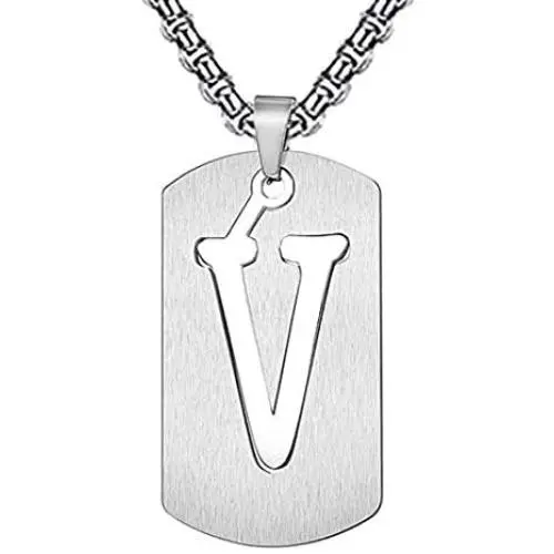 Silove Initial Letter Necklaces for Men Stainless Steel Dog Tag Pendant 26 Capital Alphabet with Box Chain 22 Inch Punk Jewelry