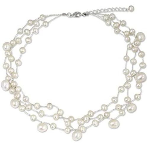 NOVICA White Cultured Freshwater Pearl Multi-Strand Bridal Choker, 15.5'' - 17.5'', Moonlight Glow