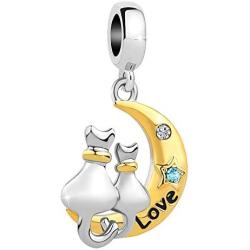SexyMandala Cute Cat on The Moon Charm Love Pet Animal Birthstone Bead fit Pandora Bracelets