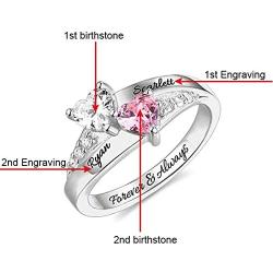 AILIN Sterling Silver Engagement Ring Promise Ring for Her 2 Heart Birthstones 2 Names & 1 Engraving Customized & Personalized