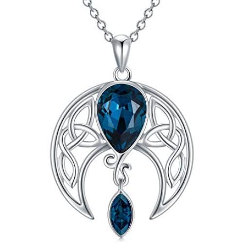 AOBOCO Moon Necklace Sterling Silver Celtic Knot Crescent Moon Goddess Pendant Irish Good Luck Necklace for Women Mom Wife, Embellished with Crystals from Austria