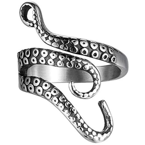 COONLINE Vintage Stainless Steel Octopus Ring for Women Men Adjustable Polished Tentacles Retro Gothic Punk Style Jewelry Silver Black with Velvet Bag