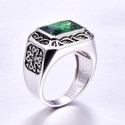 BONLAVIE Silver Rings for Men 6.85ct 8X12mm Radiant Cut Created Emerald 925 Sterling Silver Wedding Engagement Band Size 6-14