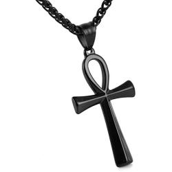HZMAN Mens Stainless Steel Coptic Ankh Cross Religious Pendant Necklace, 22+2'' Rope Chain