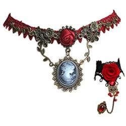 Christmas Vintage Rose Vine Lace Choker Necklace Retro Lace Bracelet Red Crystal Ring for Women Girls Xmas Cosplay Jewelry Set