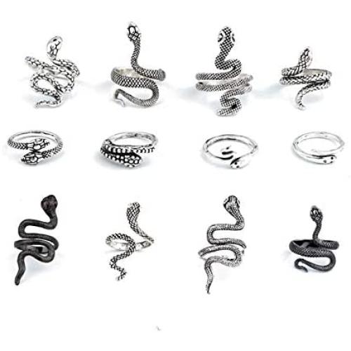 Caiyao 12 Pcs Vintage Punk Snake Ring Reptile Serpent Ring Gothic Alloy Open Adjustable Snake Ring Set Retro Simple Stacking Rings Bohemian Animal Punk Reptile Serpent Ring Jewelry Gift for Men Women