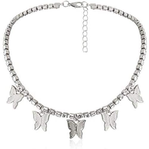 Butterfly Choker Necklace Tennis Chain Butterfly Bling Iced Cubic Zirconia CZ Butterfly Necklace Silver Girls Women