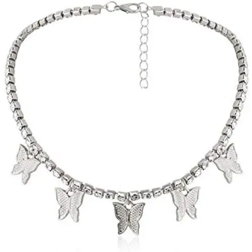Butterfly Choker Necklace Tennis Chain Butterfly Bling Iced Cubic Zirconia CZ Butterfly Necklace Silver Girls Women
