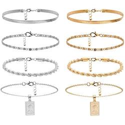 Tag Anklets Set for Teen 8 Pcs Bracelets Layered Anklets 14 K Gold Plated Summer Anklets Women Men Boys Girls Foot Jewelry