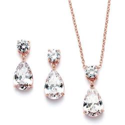 Mariell 14K Rose Gold Plated CZ Teardrop Bridal Necklace and Earring Set for Weddings, Bridesmaids & Prom