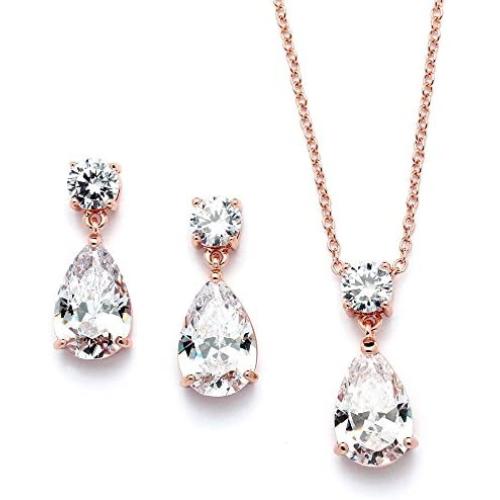 Mariell 14K Rose Gold Plated CZ Teardrop Bridal Necklace and Earring Set for Weddings, Bridesmaids & Prom