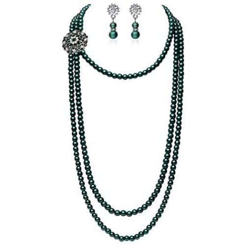 BABEYOND 1920s Gatsby Pearl Necklace Vintage Bridal Pearl Necklace Earrings Jewelry Set Multilayer Imitation Pearl Necklace with Brooch
