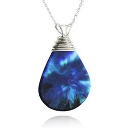 Northern Lights Teardrop Pendant Necklace, Double-Sided, Coated Stainless Steel, 18'' Sterling Silver Chain, Aurora Borealis