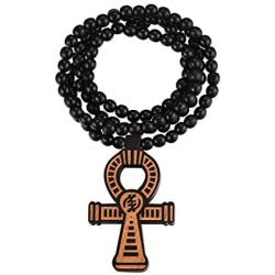 FaithHeart Egpytian Jewelry Eye of Horus Necklace, Wooden Beaded Sweater Chain Vintage Ankh Cross/African Map Pendant for Men and Women with Delicate Packaging, Text Engrave Customizable