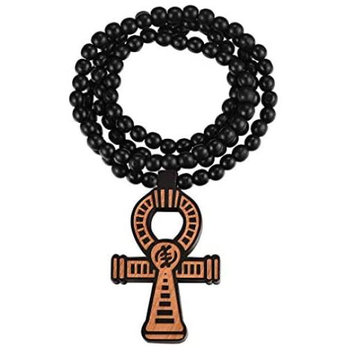 FaithHeart Egpytian Jewelry Eye of Horus Necklace, Wooden Beaded Sweater Chain Vintage Ankh Cross/African Map Pendant for Men and Women with Delicate Packaging, Text Engrave Customizable