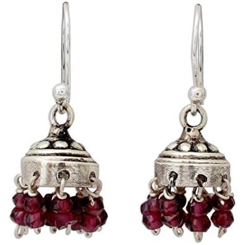 NOVICA Garnet .925 Sterling Silver Chandelier Jhumki Style Dangle Hook Earrings Traditional Grace