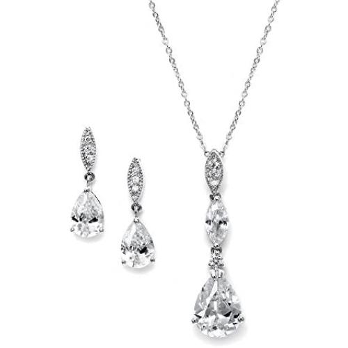 Mariell Platinum Plated Pear-Shaped CZ Bridal, Bridesmaids or Prom Necklace and Earring Set