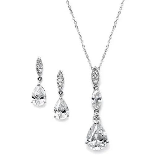 Mariell Platinum Plated Pear-Shaped CZ Bridal, Bridesmaids or Prom Necklace and Earring Set Mariell Platinum Plated Pear-Shaped CZ Bridal, Bridesmaids or Prom Necklace and Earring Set