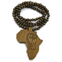 Shiny Jewelers USA Mens Wood Africa MAP FIST African Power Unity Wooden Bead Chain Necklace