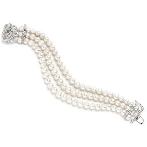 Mariell Genuine Freshwater Pearl 3-Strand Bridal Bracelet - Luxe 3-Row Pearl Bracelet with CZ Clasp Mariell Genuine Freshwater Pearl 3-Strand Bridal Bracelet - Luxe 3-Row Pearl Bracelet with CZ Clasp