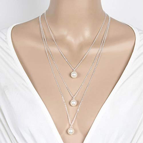 Geroki Dainty Pearl Layered Necklace Beaded Pendant Necklace Long Drop Chain Jewelry for Women and Girls(Silver)