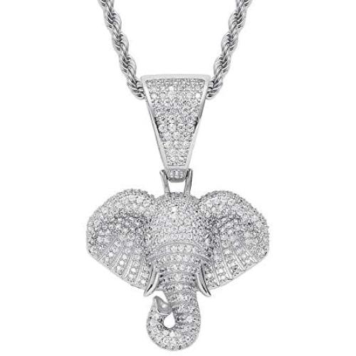 KMASAL Iced Out Elephant Gold Silver Color Copper Pendant Hip Hop Necklace 18K Gold Plated Bling CZ Micropave Simulated Diamond for Men Women Charm Jewelry with Stainless Steel Rope Chain