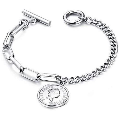 LBJIE Gold Charm Bracelets Stainless Steel Bracelets for Women with Cubic Zirconia Circle, Adjustable Bracelets for Women