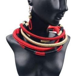 Pingyongchang African Tribal Colorful Multistrand Multilayer Choker Dangle Earring Jewelry Set Chunky Handwoven Rope Necklace Costume Jewelry Woven Accessories for Women and Girls