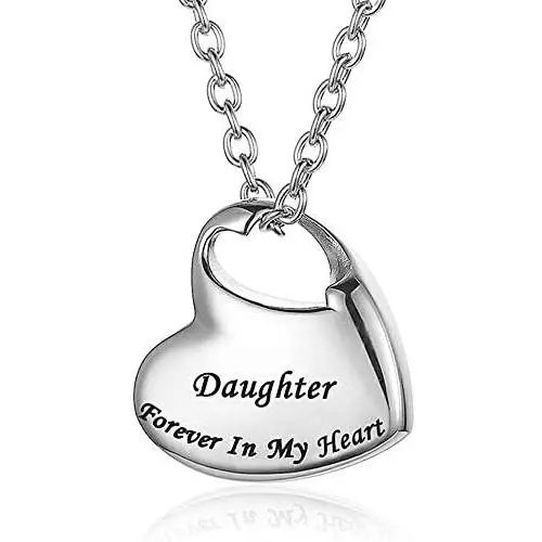 GISUNYE Cremation Urn Necklace for Ashes Urn Jewelry,Forever in My Heart Carved Locket Stainless Steel Keepsake Waterproof Memorial Pendant for mom & dad with Filling Kit (Daughter)…