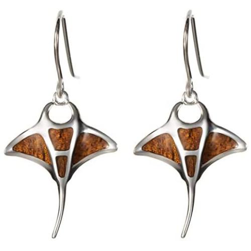 Sterling Silver Koa Wood Manta Ray Dangle Earrings