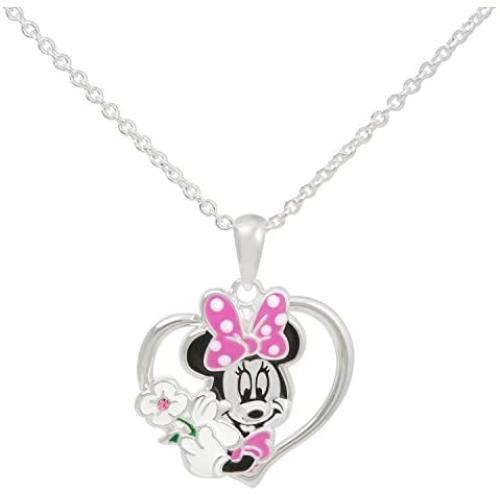 Disney Minnie Mouse Heart Silver Plated Crystal Pendant Necklace, 18''