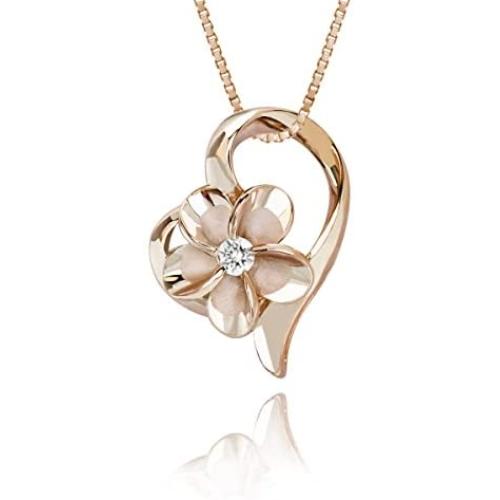 Honolulu Jewelry Company 14k Rose Gold Plated Sterling Silver CZ Plumeria Open Heart Necklace with 18'' Box Chain