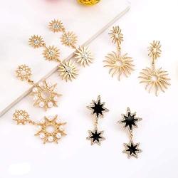 Starburst Dangle Drop Earrings Gold Hexagram Celestial Star Stud Earrings Crystal Pearl Sun Charm Statement Earrings for Women Girls Fashion Wedding Party Jewelry