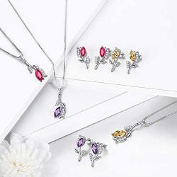 Aurora Tears Rose Flower Necklace/Earrings Sets Women Red Ruby-Stone Tulip July Birthstone Jewelry Sets Crystal Girls Dating Pendant/Studs Sets DS0064R