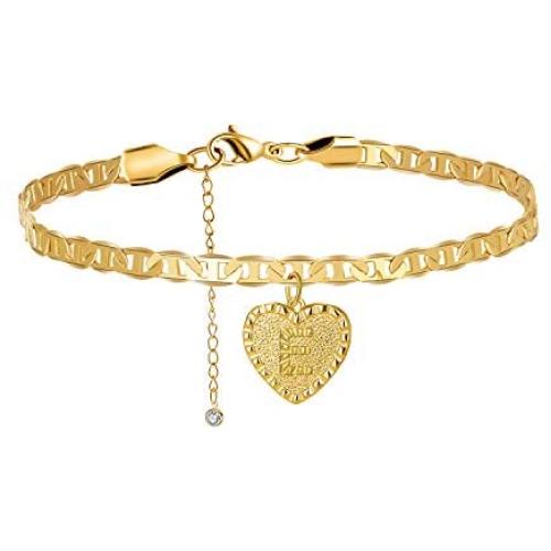 Joycuff Initial Anklets for Women Her Girl 18K Gold Plated Flat Marina Link Anklet Cute Dainty Delicate Tiny Letter Fashion Trendy Heart Unique Ankle Bracelet Personalized Handmade Beach Jewelry