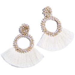 Krun Beaded Tassel Earrings for Women - Bohemian Statement Handmade Hoop Fringe Dangle Earrings, Idea Gift for Mom, Sister and Friend