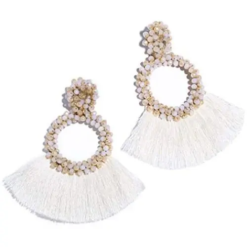 Krun Beaded Tassel Earrings for Women - Bohemian Statement Handmade Hoop Fringe Dangle Earrings, Idea Gift for Mom, Sister and Friend